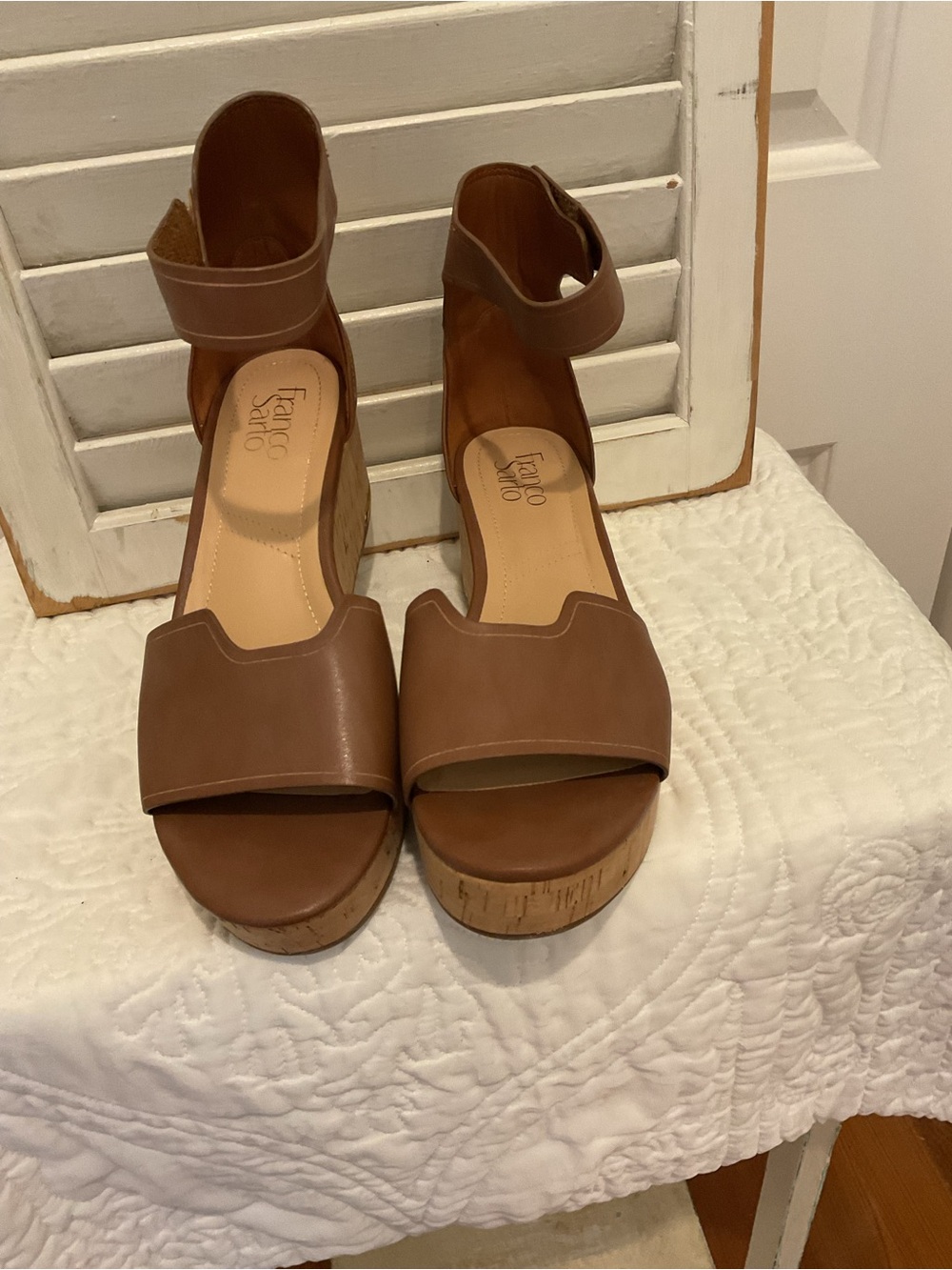 Franco Sarto Tan Leather Cork Wedge Sandals with Ankle Strap - Picture 3 of 8